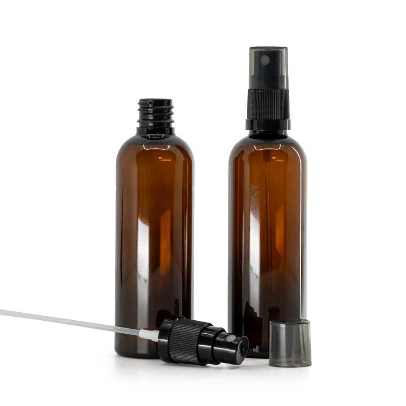 Frasco de plástico marrón, pulverizador negro de bruma fina, sobretapa ahumada, 100 ml