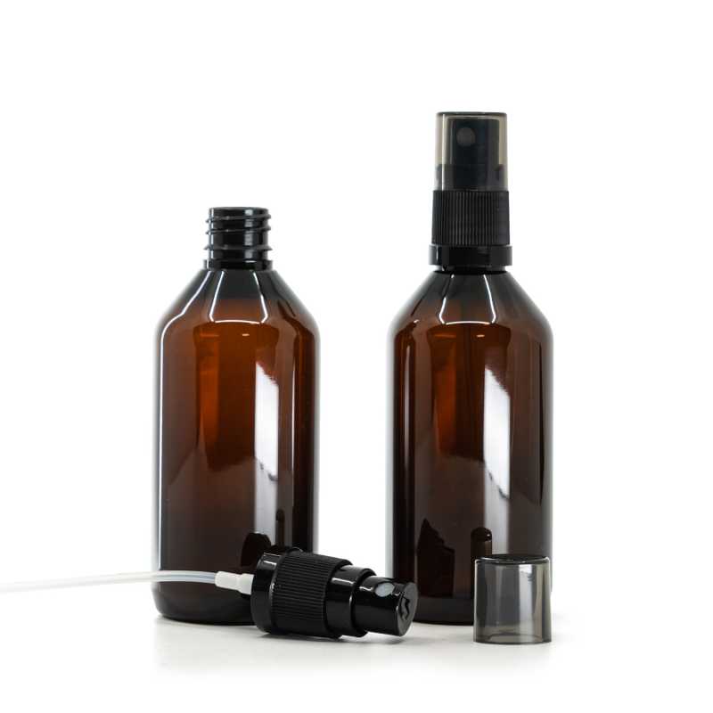 Botella de plástico marrón, pulverizador negro de bruma fina, sobretapa ahumada, 115 ml
