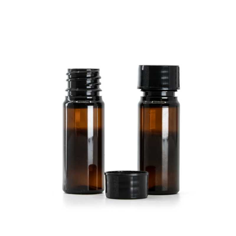 Botella de plástico, ámbar, tapón negro, 10 ml