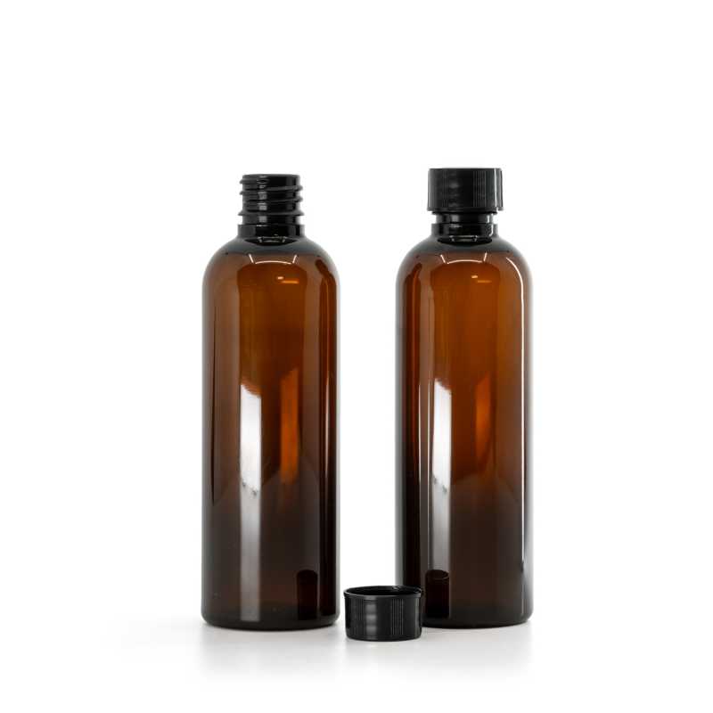 Botella de plástico, ámbar, tapón de plástico negro, 100 ml