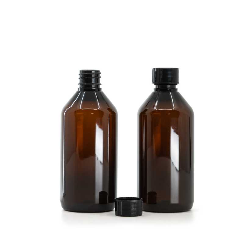 Botella plástica, ámbar, tapón plástico negro, 115 ml