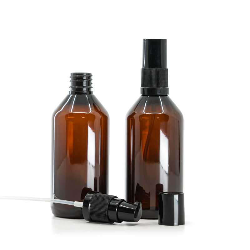 Botella de plástico ámbar, dispensador de loción negro con tapa protectora negra, 115 ml