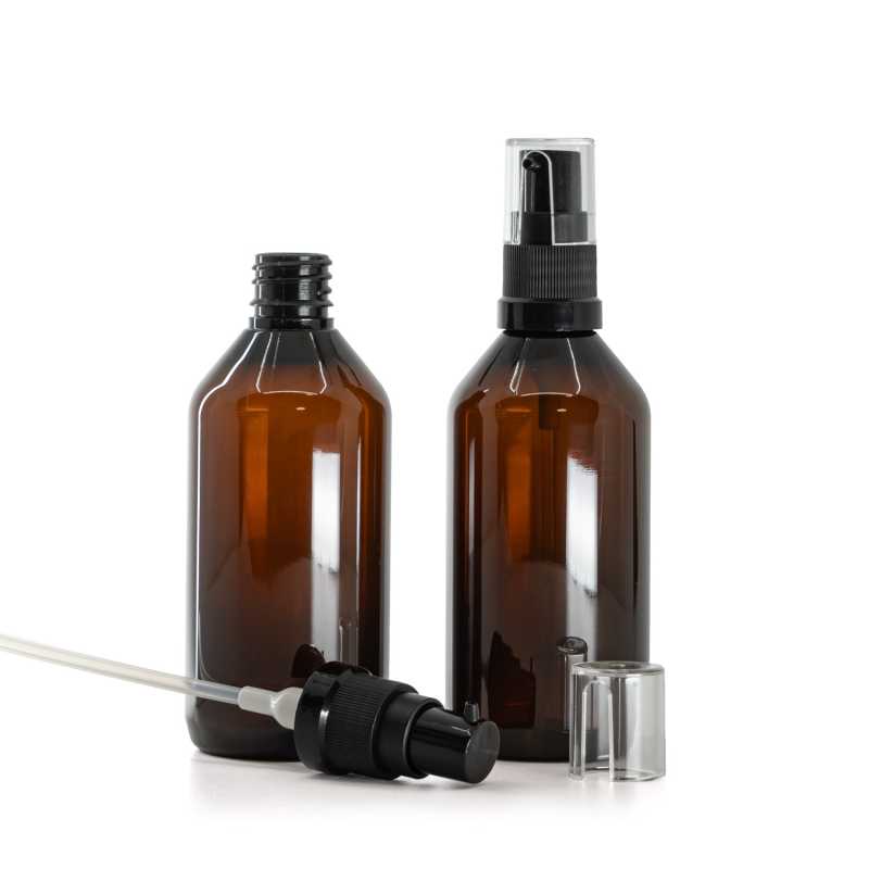Botella de plástico, ámbar, bomba para aceite, 115 ml