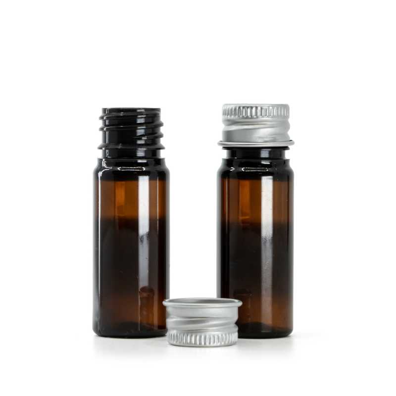 Frasco, plástico, ámbar, tapón de aluminio plateado, 10 ml
