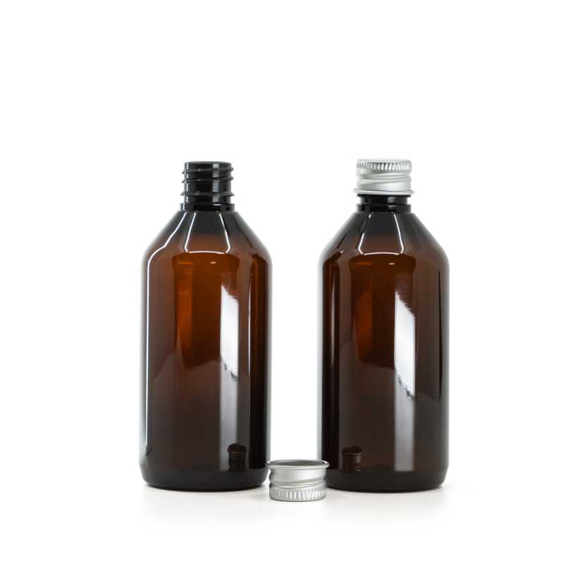 Frasco, plástico, ámbar, 115 ml, tapón de aluminio