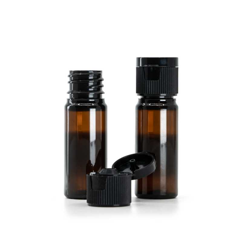 Botella de plástico, ámbar, tapón abatible de plástico, negro, 10 ml