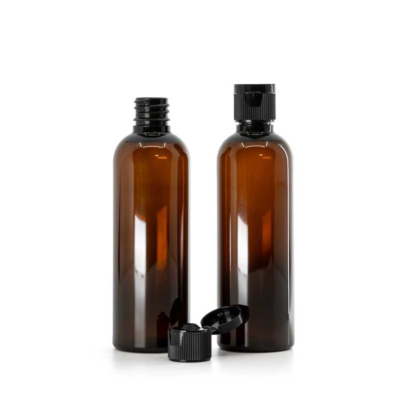 Botella de plástico, ámbar, tapón abatible de plástico, negro, 100 ml