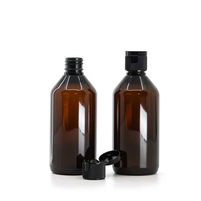 Botella de plástico, ámbar, tapón abatible de plástico, negro, 115 ml