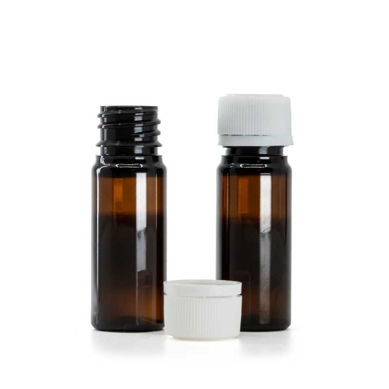 Botella de plástico, ámbar, tapón de plástico inviolable, estriado, 18/410, 10 ml
