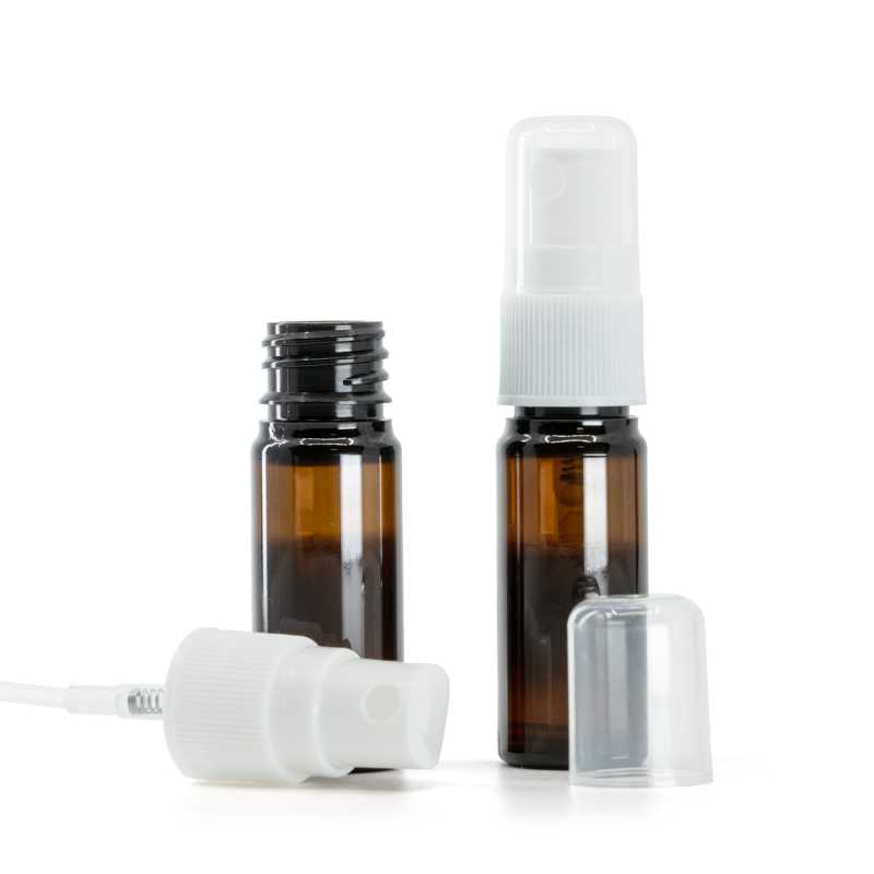 Botella de plástico, ámbar, pulverizador blanco, 10 ml