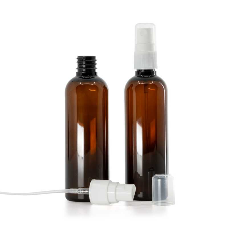 Botella de plástico, ámbar, pulverizador, 100 ml