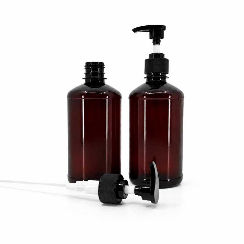 Botella de plástico marrón, bomba de plástico negra, 500 ml