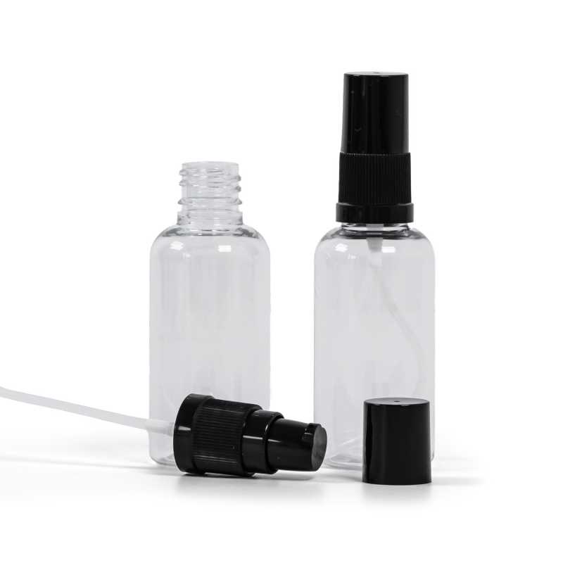 Botella de plástico transparente, dispensador de loción negro con tapón negro, 50 ml