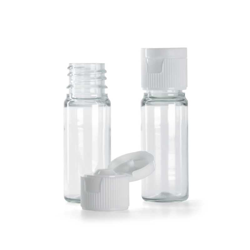 Botella de plástico, transparente, tapón abatible blanco, 10 ml