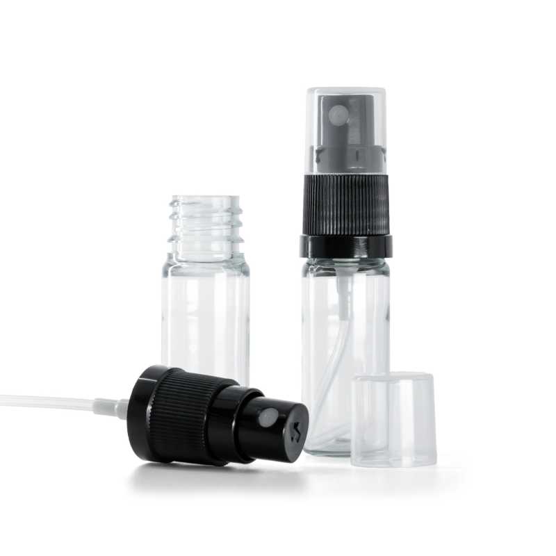 Botella de plástico, transparente, pulverizador negro, 10 ml