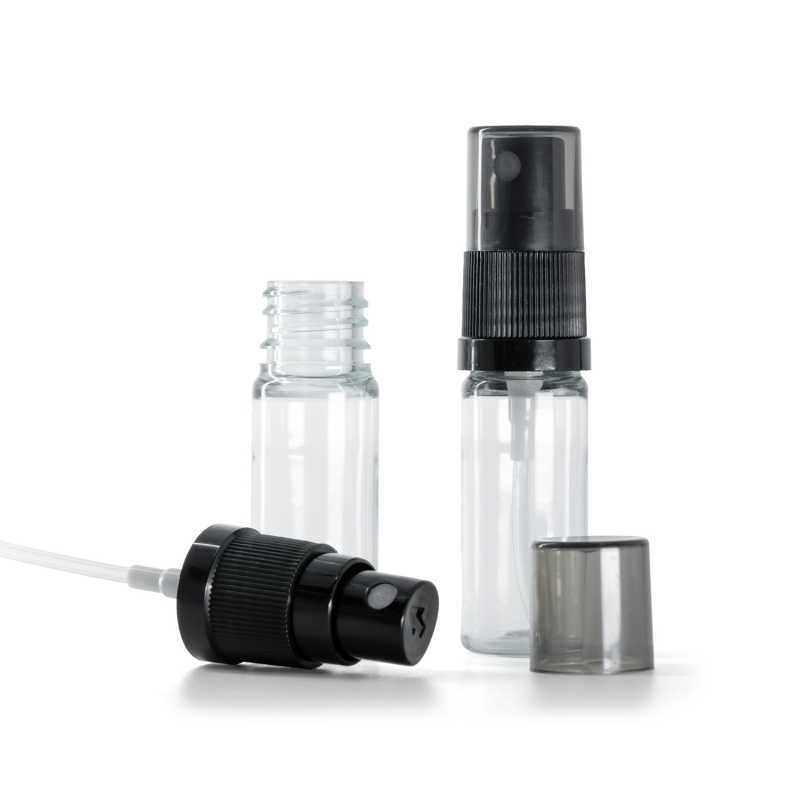 Frasco de plástico transparente, pulverizador negro de niebla fina con sobretapa ahumada, 10 ml