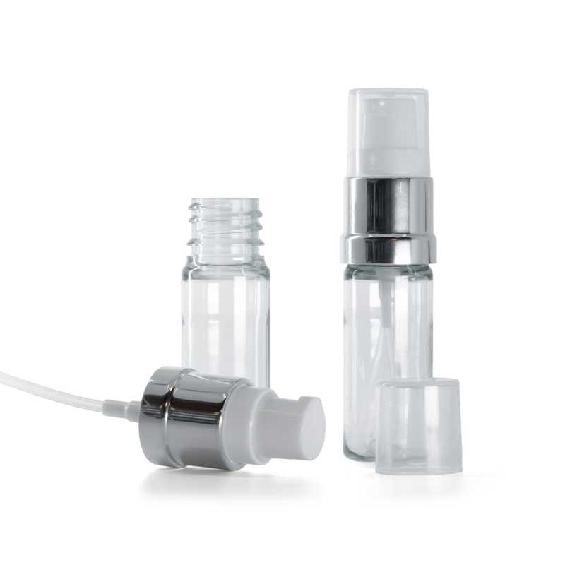 Botella de plástico, transparente, dispensador blanco plateado brillante, 10 ml