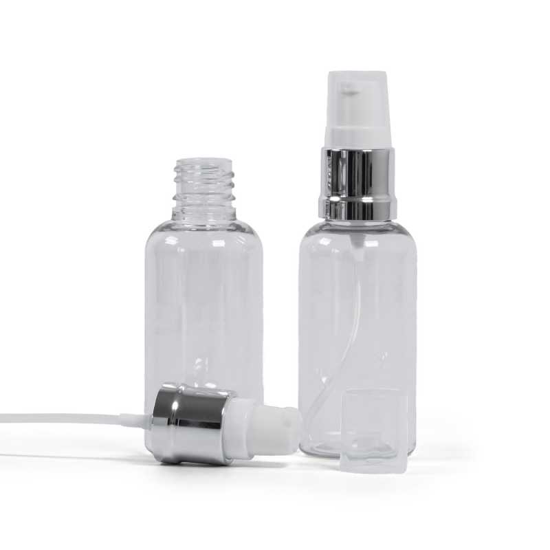 Botella de plástico, transparente, dispensador blanco plateado brillante, 50 ml