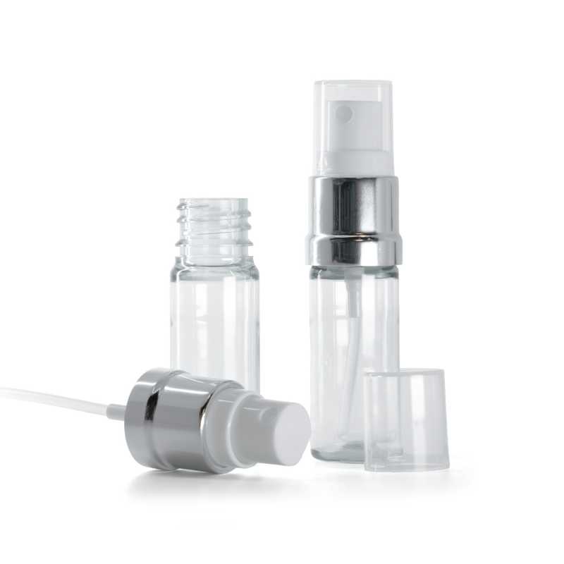 Botella de plástico, transparente, pulverizador blanco plateado, 10 ml