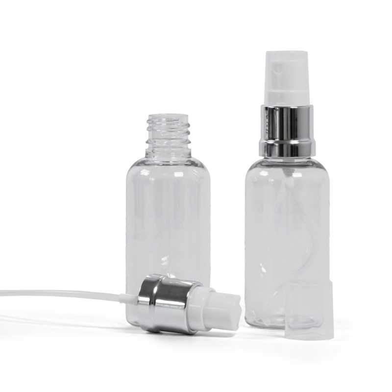 Botella de plástico, transparente, pulverizador blanco plateado, 50 ml