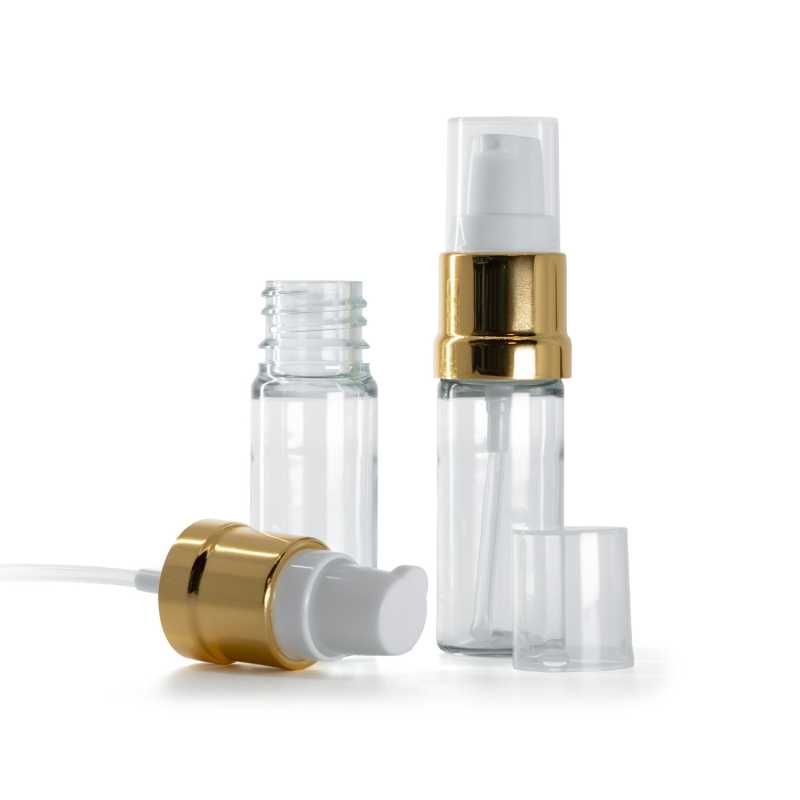 Botella de plástico, transparente, dispensador blanco y dorado brillante, 10 ml