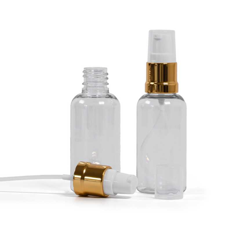 Botella de plástico, transparente, dispensador blanco y dorado brillante, 50 ml