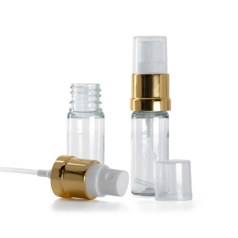 Botella de plástico, transparente, pulverizador blanco dorado, 10 ml