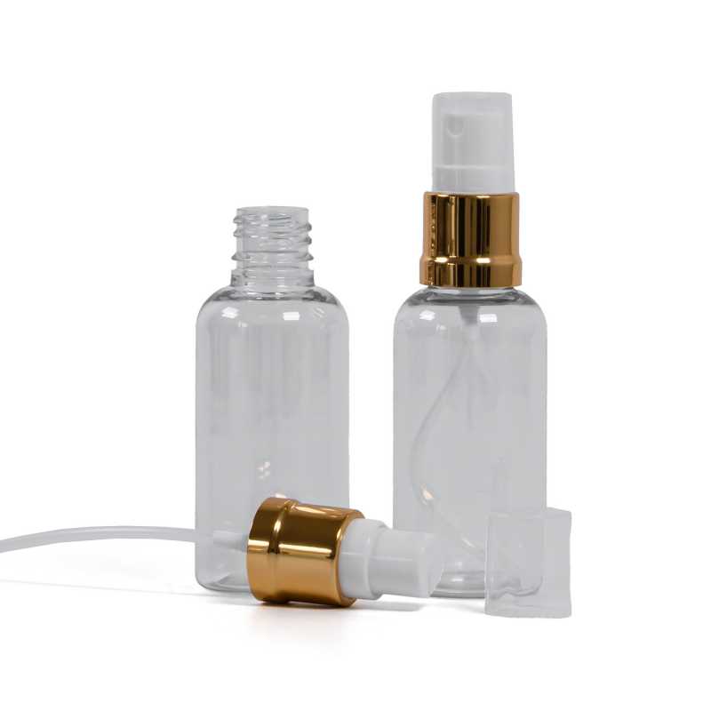 Botella de plástico, transparente, pulverizador blanco dorado, 50 ml