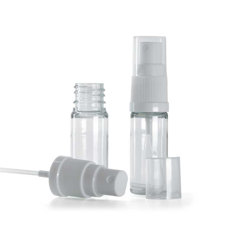 Botella de plástico, transparente, pulverizador blanco, 10 ml