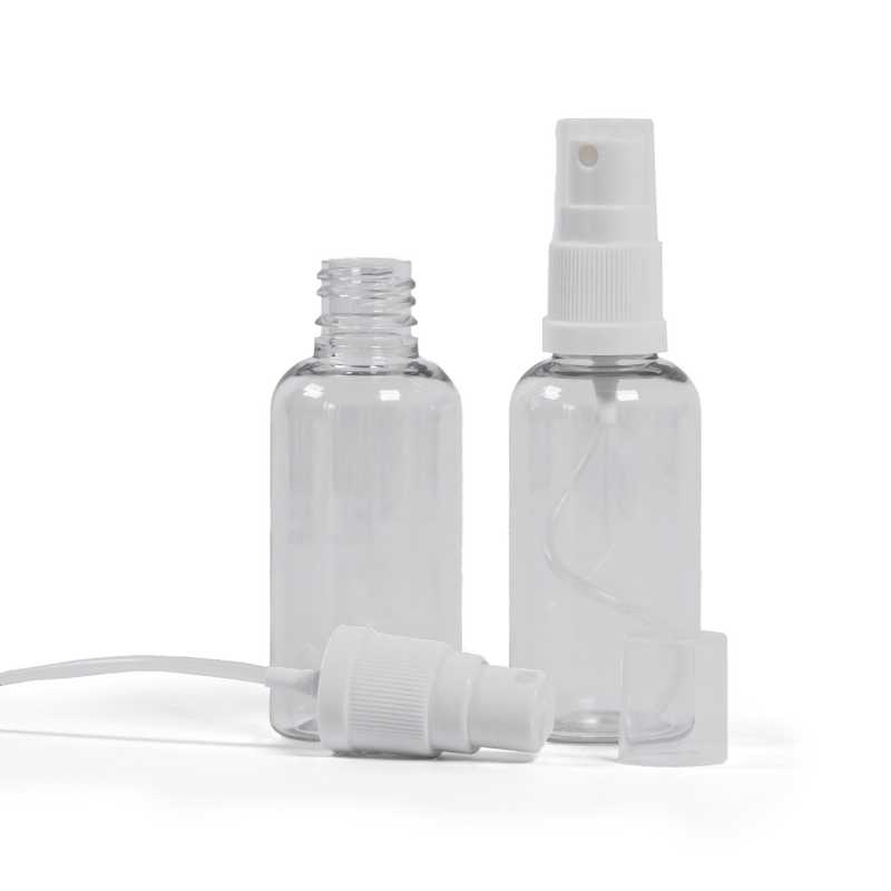 Botella de plástico, transparente, pulverizador blanco, 50 ml