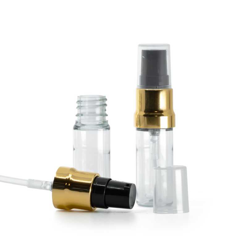 Frasco de plástico transparente, bomba negra dorada brillante con sobretapa transparente, 10 ml