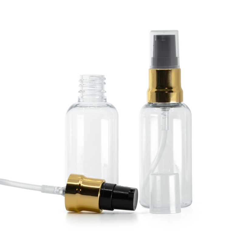 Botella de plástico, transparente, dispensador negro y dorado brillante, tapa transparente, 50 ml