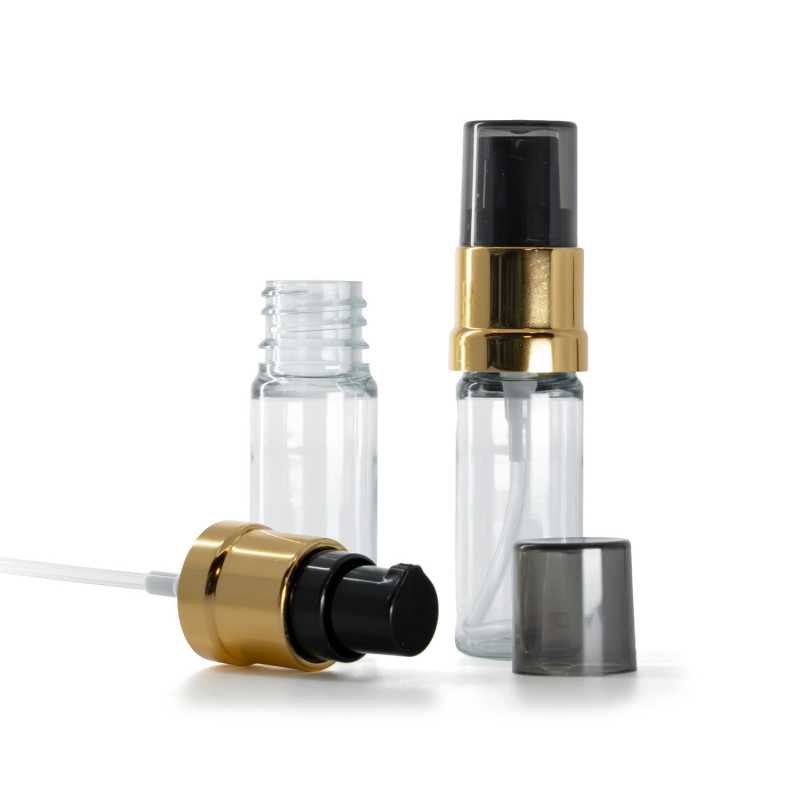Frasco de plástico transparente, bomba negra y dorada brillante con sobretapa ahumada, 10 ml