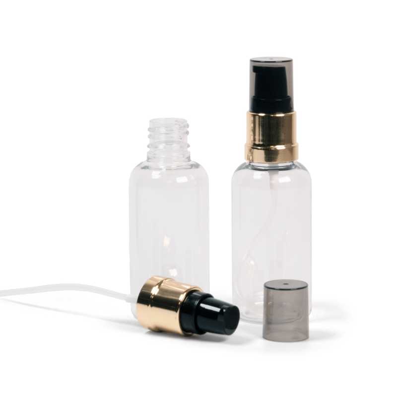 Frasco de plástico transparente, bomba negra y dorada brillante con sobretapa ahumada, 50 ml