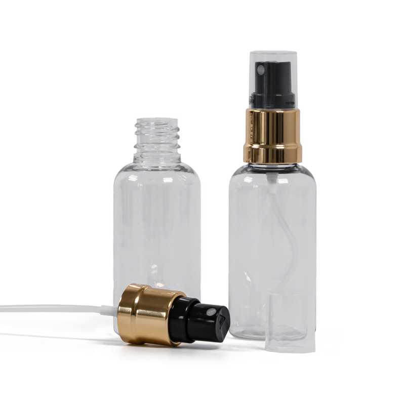 Botella de plástico, transparente, pulverizador negro dorado, 50 ml