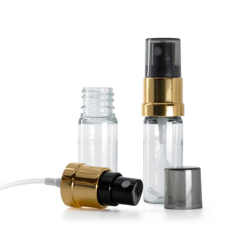 Frasco de plástico transparente, pulverizador negro y dorado, sobretapa ahumada, 10 ml