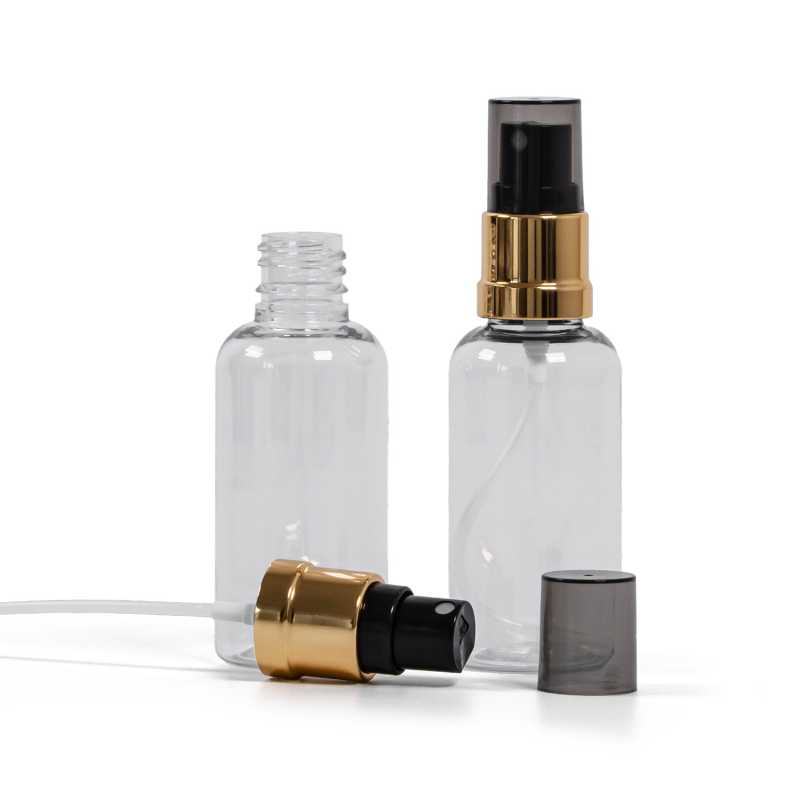 Frasco de plástico transparente, pulverizador negro y dorado, sobretapa ahumada, 50 ml