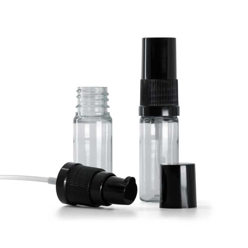 Botella de plástico, transparente, dosificador de loción negro con tapón negro, 10 ml