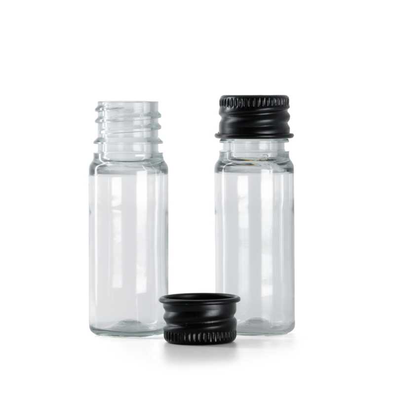 Botella de plástico, transparente, tapón de aluminio negro, 10 ml