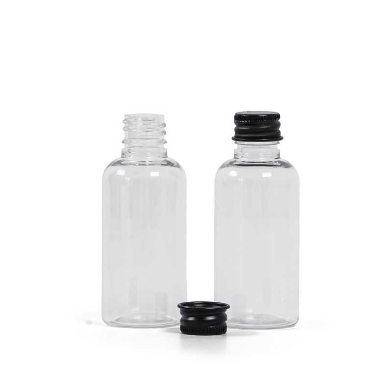 Botella de plástico, transparente, tapón de aluminio negro, 50 ml