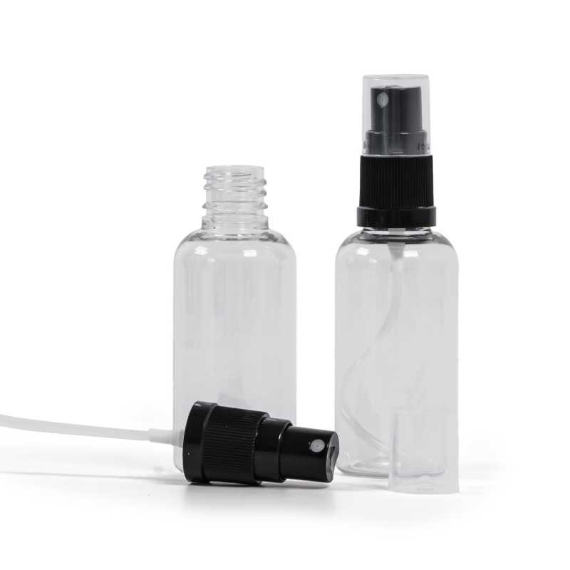 Botella de plástico, transparente, pulverizador negro, 50 ml