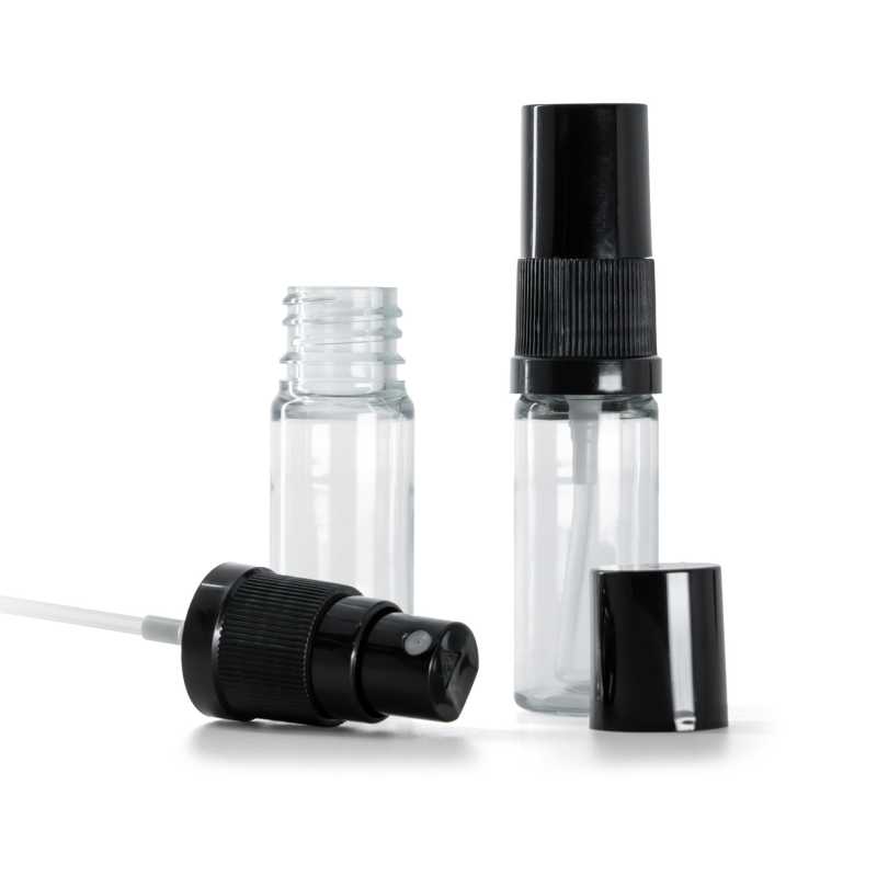 Botella de plástico, transparente, pulverizador de bruma fina negro, tapón negro, 10 ml