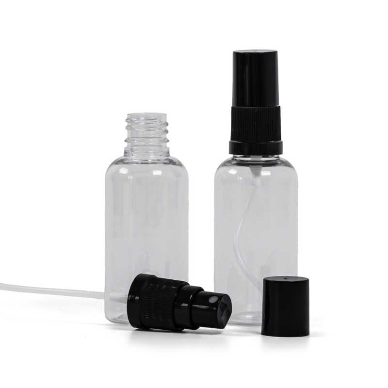 Botella de plástico, transparente, pulverizador, negro, tapón, negro, 50 ml