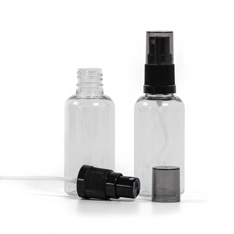 Frasco de plástico transparente, pulverizador negro, sobretapa ahumada, 50 ml
