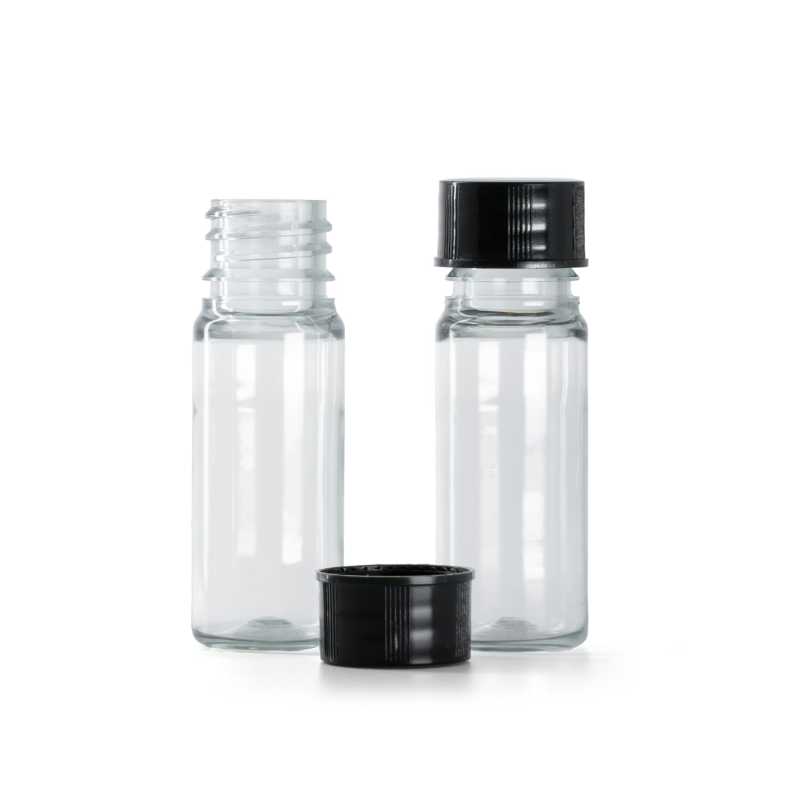 Botella de plástico, transparente, tapón negro, 10 ml