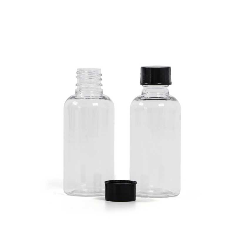 Frasco plástico, transparente, tapón negro, 50 ml