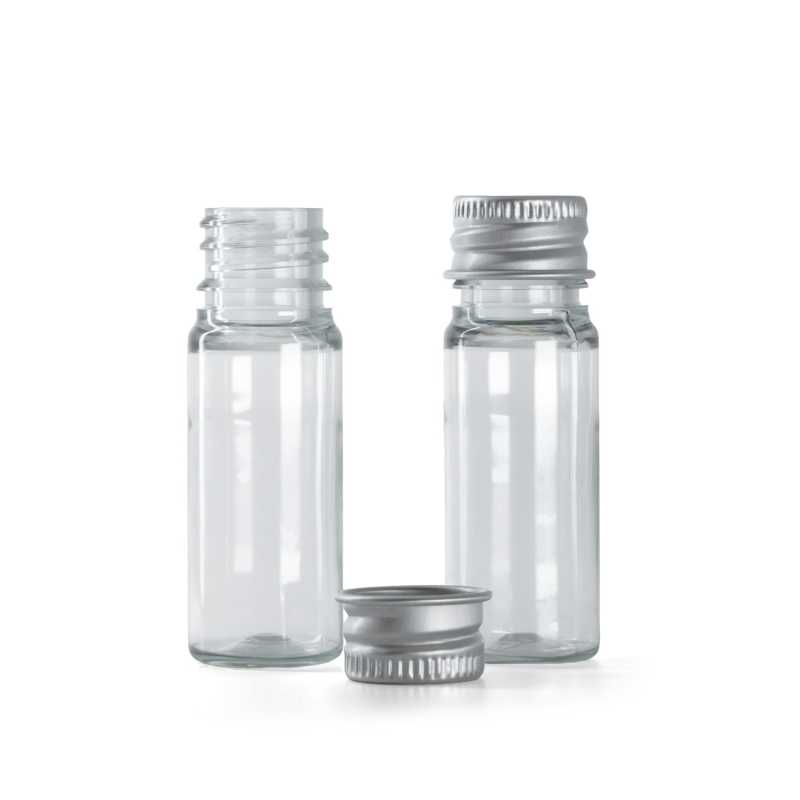 Frasco, plástico, transparente, tapón de aluminio, 10 ml