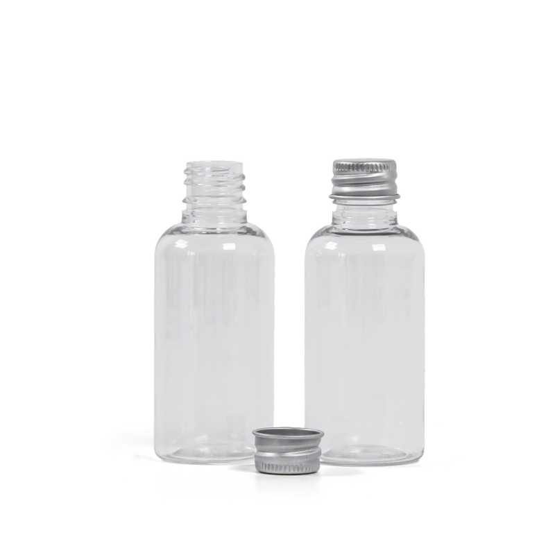 Frasco de plástico, transparente, tapón de aluminio plateado, 50 ml