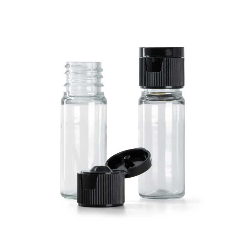 Botella de plástico transparente, tapón flip-top de plástico negro, 10 ml