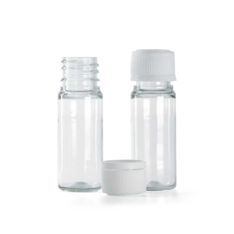 Bote plástico transparente, tapón plástico inviolable blanco, 10 ml